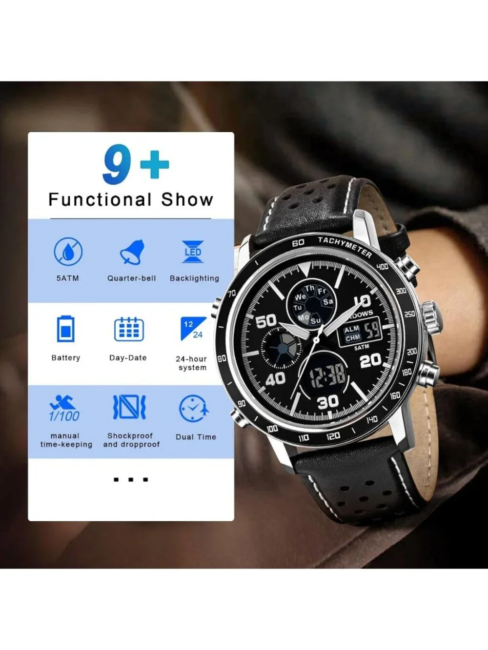 Men's Retro Leather Black Silver Digital Analog Multifunction Casual Wrist Watch